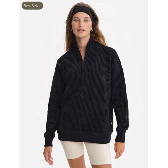 Mate the Label Medium Organic Waffle Collared Half Zip Black Medium - FLAW - Picture 1 of 8